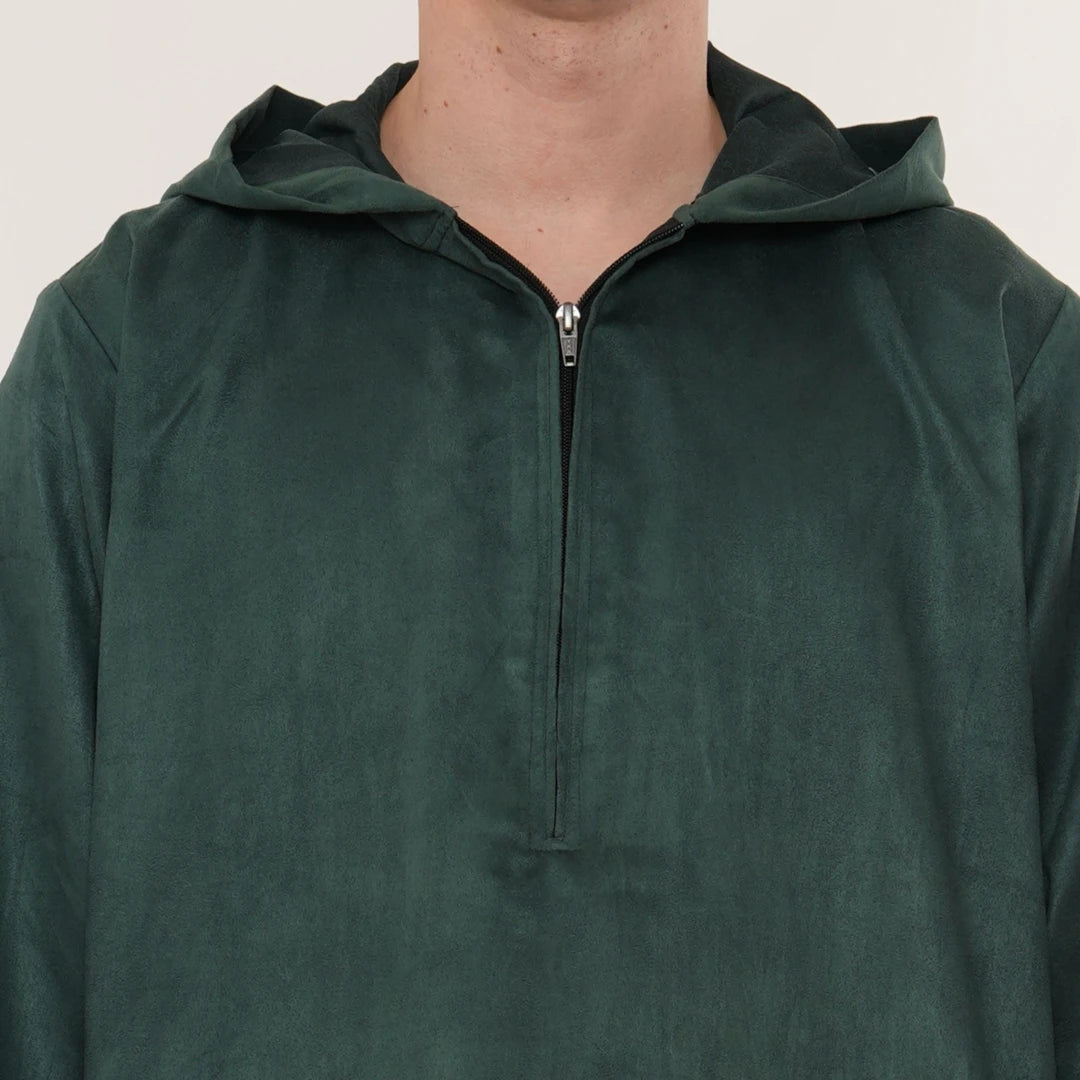 Omani Zipped Thobe Suede - Emerald Green