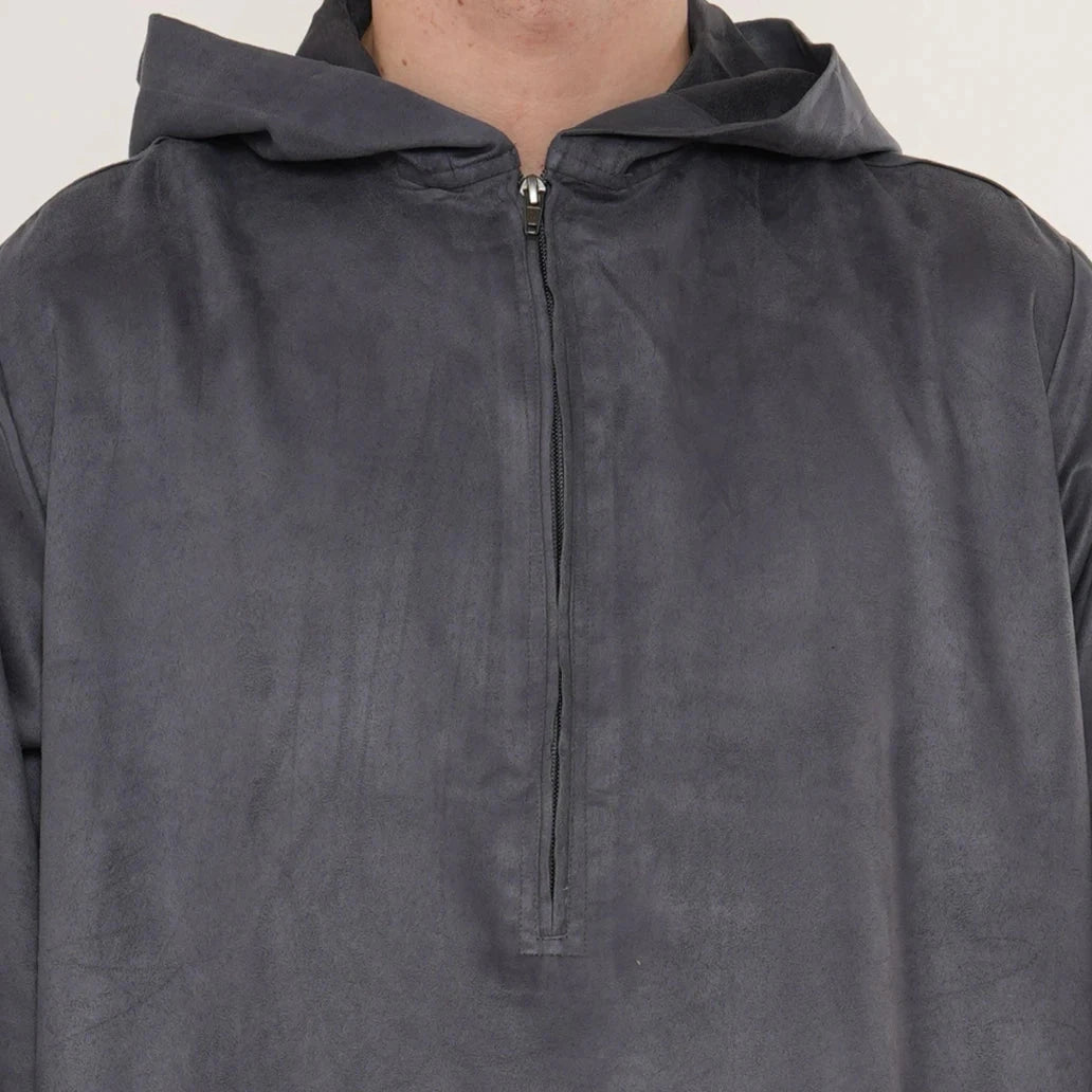 Omani Zipped Thobe Suede - Charcoal Grey