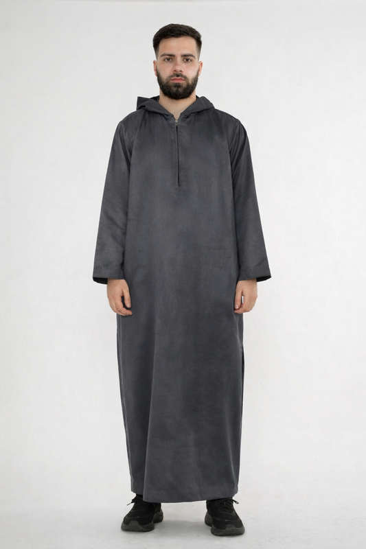 Omani Zipped Thobe Suede - Charcoal Grey